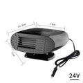 Black 12V car heater with ABS housing and 360-degree rotatable air outlet on dashboard
