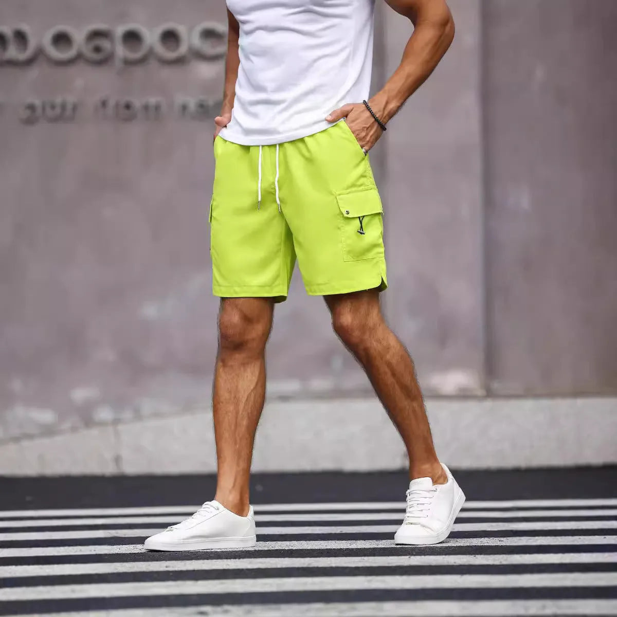 Men's loose fit workwear shorts in cool silk cotton fabric available in fluorescent green and army green colours