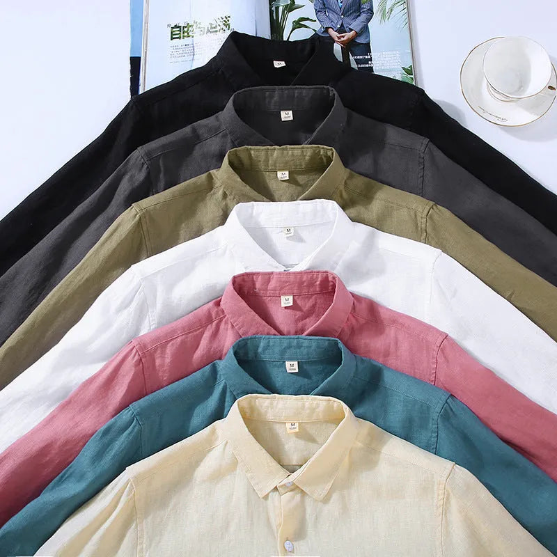 Men's pure linen cardigan-style button-up shirt in solid colour with long sleeves