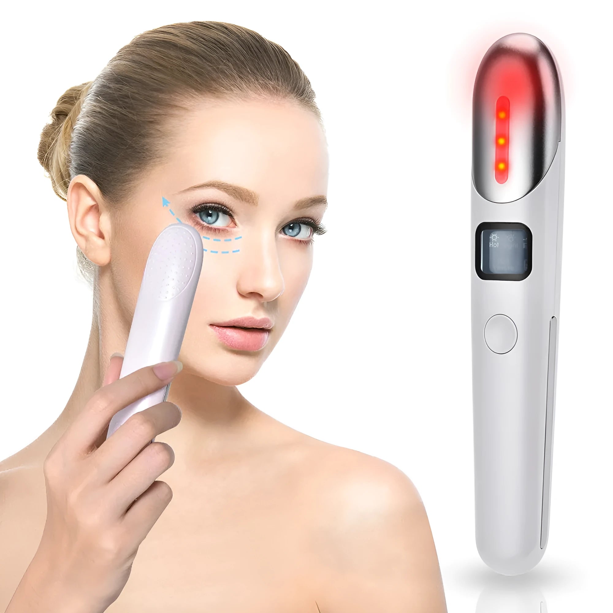 Pink EMS eye massager with micro electric current and heating for eye care, resting on a white surface