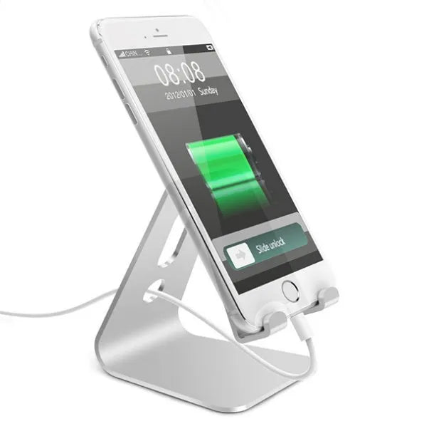 Universal Phone Buddy metal aluminium alloy stand holding a phone on a desk, available in multiple colours