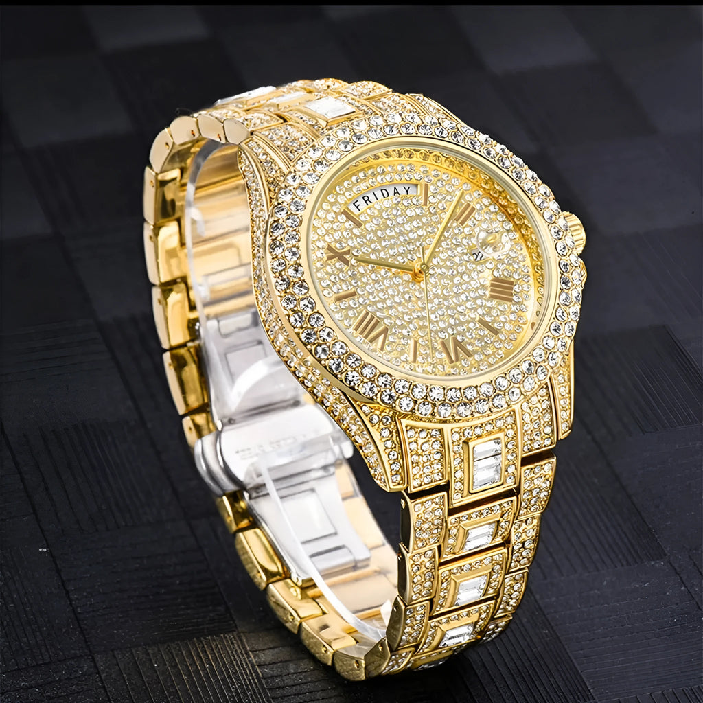 Men's full diamond luxury quartz watch with calendar in gold finish