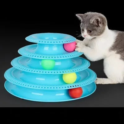 Four-layer cat turntable ball tower track toy with colourful rolling ball on a plastic base, size 16x29cm, pink colour option