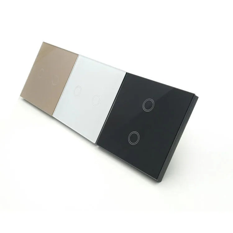 Touch light switch with tempered glass panel in black, gold or white for 220V lighting circuits