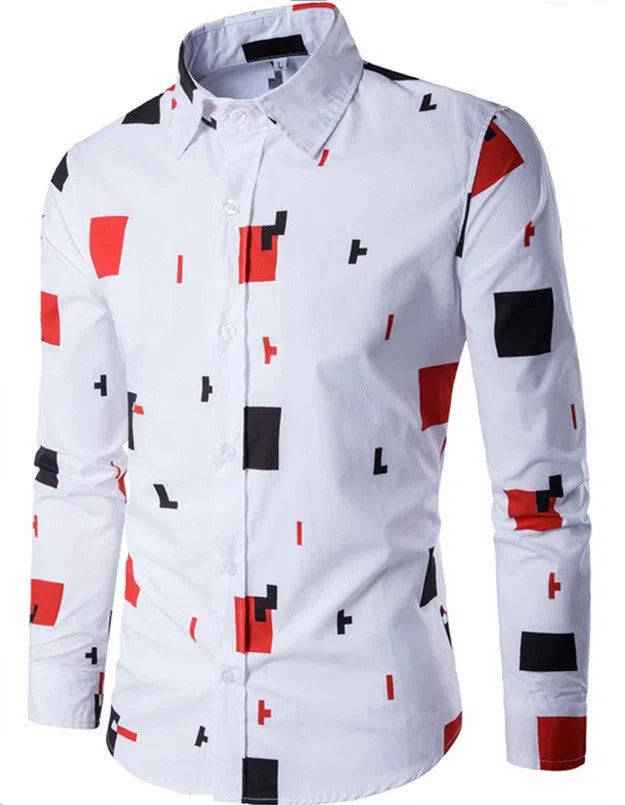 Men's casual long sleeve cotton shirt in white on hanger, available in sizes M to 5XL