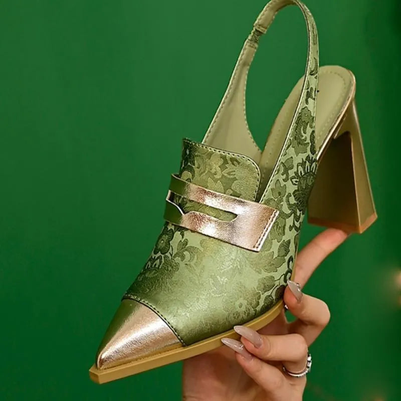 Korean style women's black chunky heel strap sandals with pointed toe and high-cut ankle design.