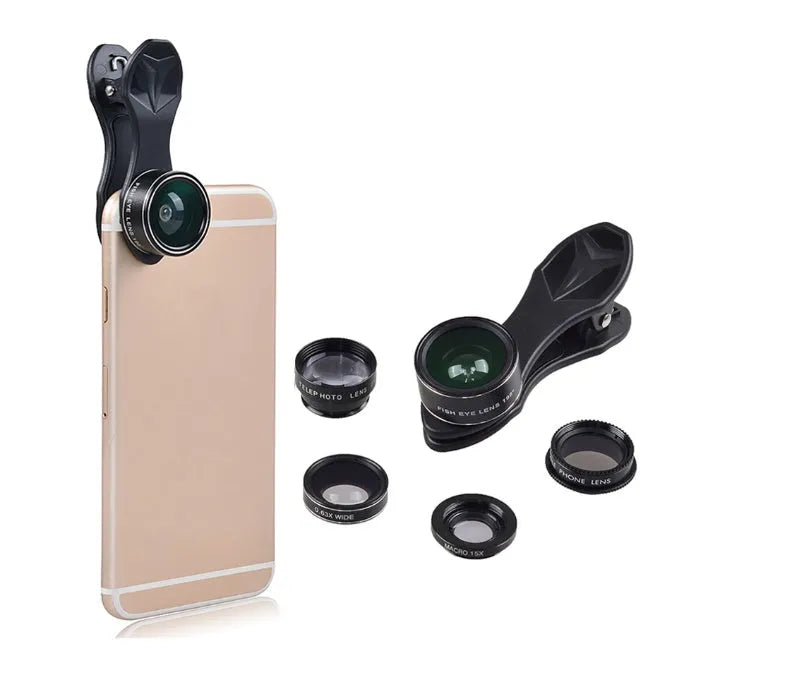 Universal 5-in-1 smartphone lens kit with fisheye, wide angle, macro, telephoto and CPL lenses