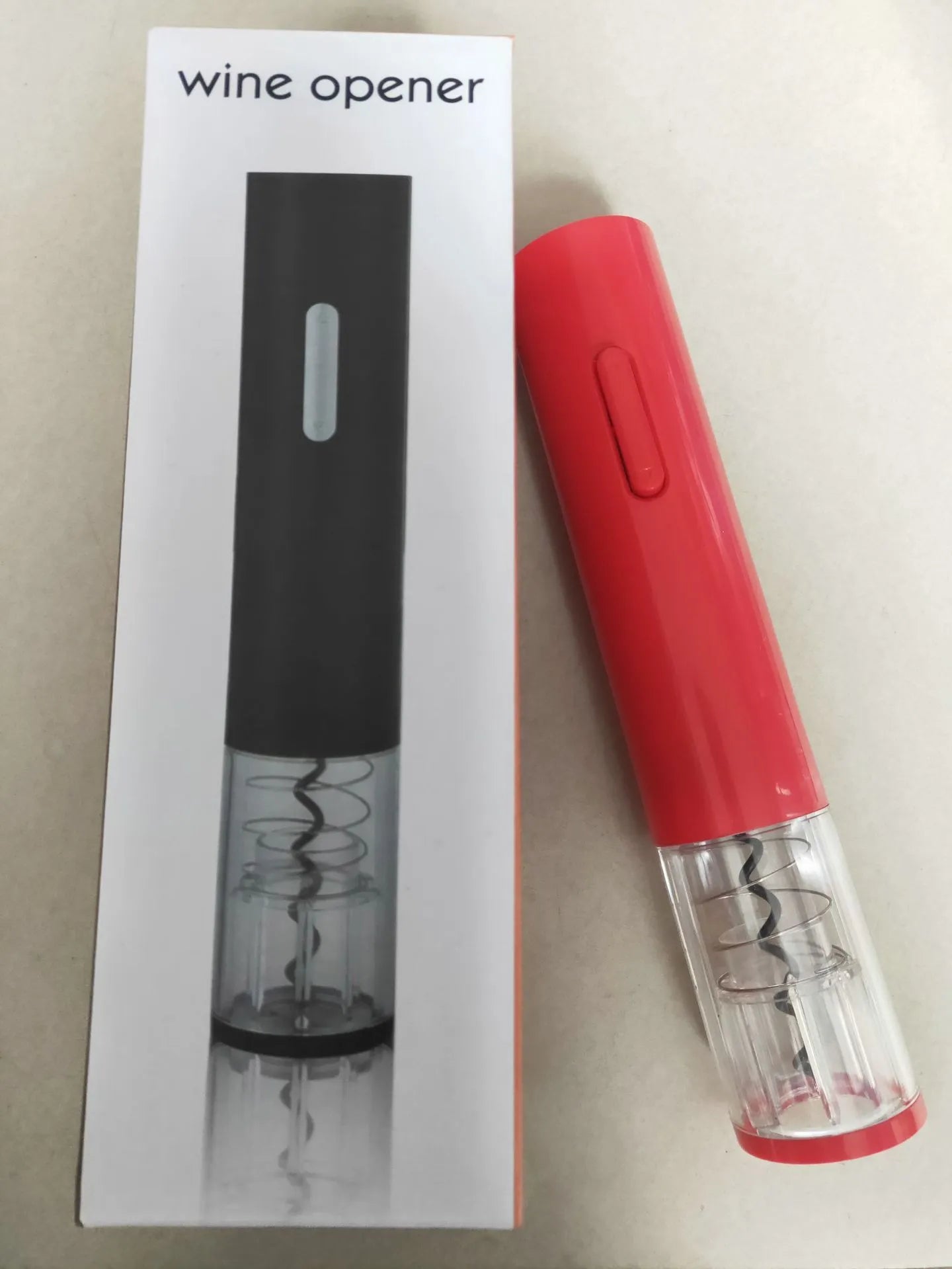 Electric wine bottle opener with automatic corkscrew and foil cutter in black, red or white colours