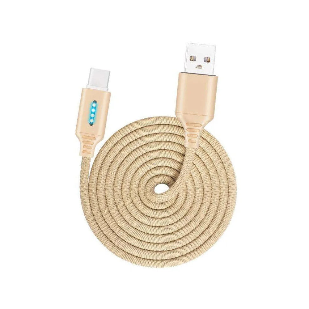 Fabric woven fast charging USB cable in various colours, showing 1-metre length and connector types.