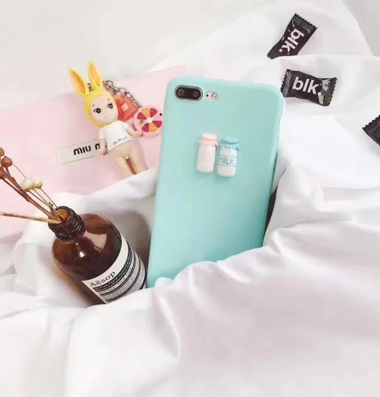 Frosted phone case with 3D milk bottle and coffee cup figures in turquoise or light pink for iPhone