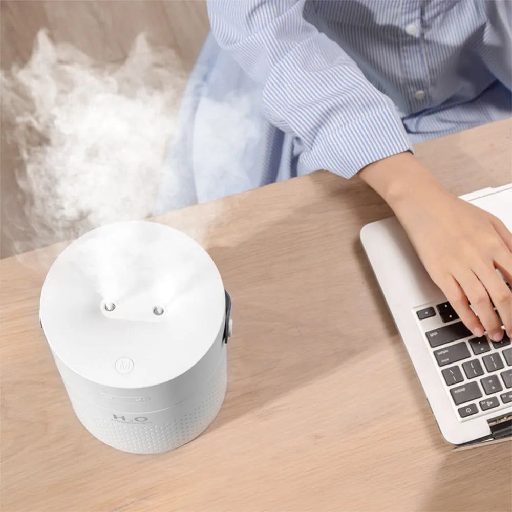 Slim USB rechargeable humidifier with 1.1L water tank in green, grey, pink or white colour.