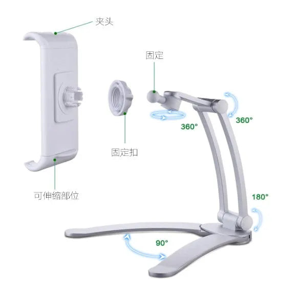 Silver aluminium desktop stand holding a tablet at an angle on a wooden desk.