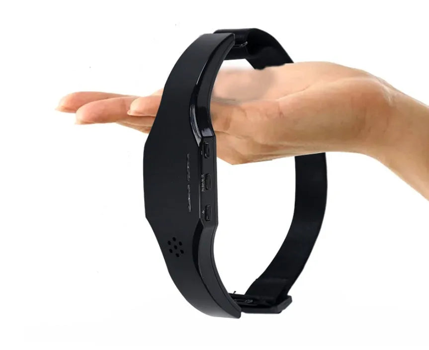 Wireless head massager in black with adjustable fasteners and electrode pads