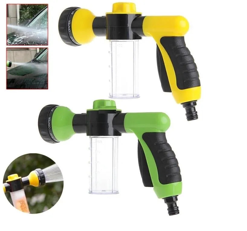 High pressure foam spray gun with eight spray patterns in green, yellow or black with water pipe