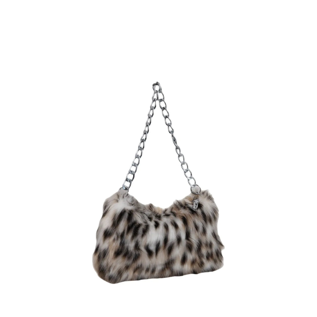 Plush underarm shoulder chain bag in brown colour matching, horizontal square shape with chain strap, 28x8x40cm