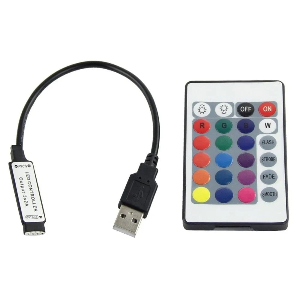 USB LED light strip with SMD5050 LEDs showing white illumination along 1 metre flexible strip with USB cable