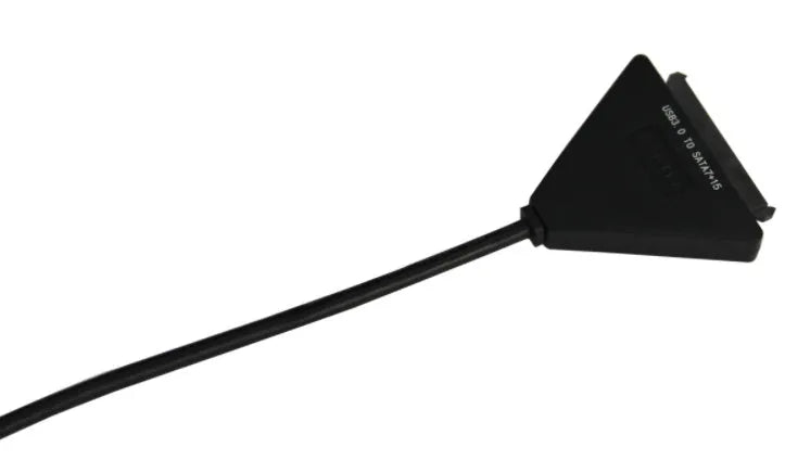 Black USB3.0 to SATA 7+15 pin hard drive adapter cable on a white background.