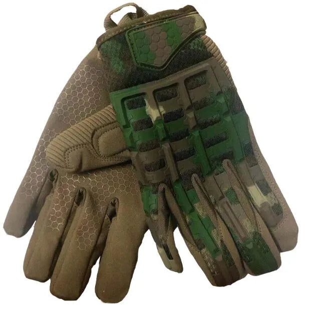 Tactical gloves in army green colour constructed from microfiber and nylon for outdoor combat and shooting use
