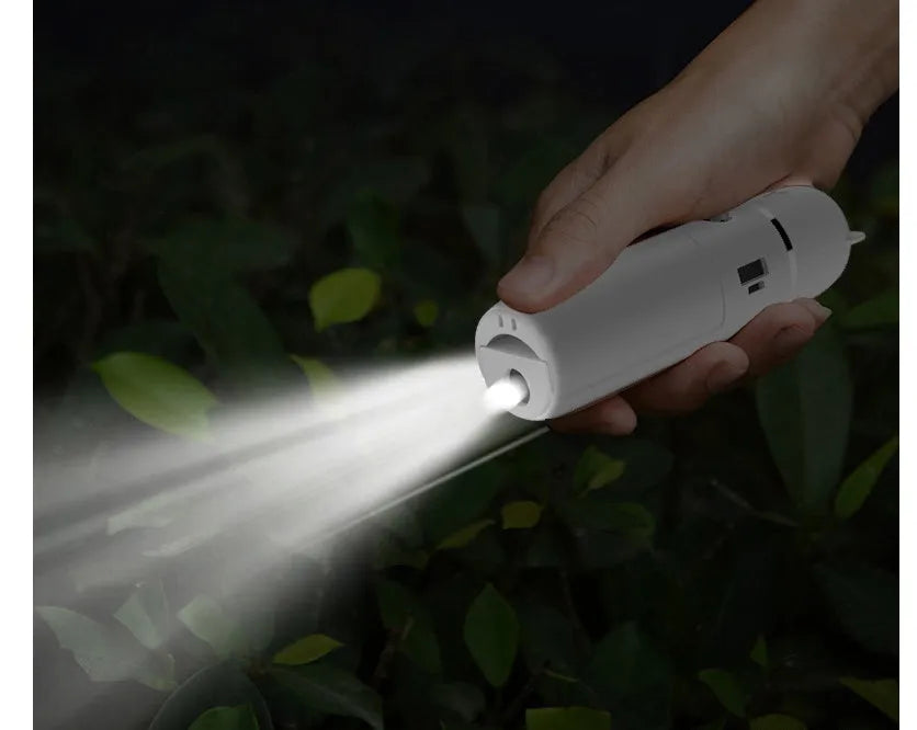 White USB rechargeable handheld spray fan with water tank, flashlight, and power bank function