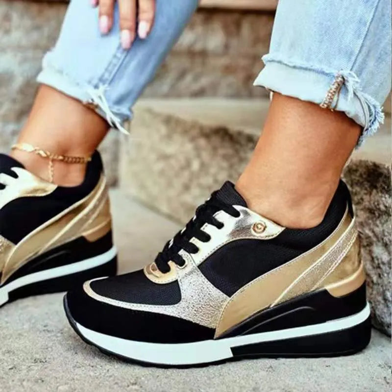Women's platform colorblock sequin flat casual sneakers in black and gold, round toe, front lace-up