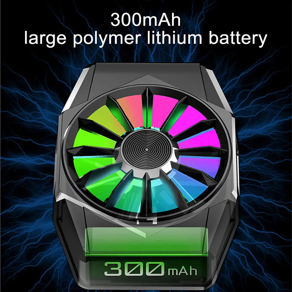 Phone magnetic radiator ABS game cooler with 300mAh battery in black, attached to smartphone