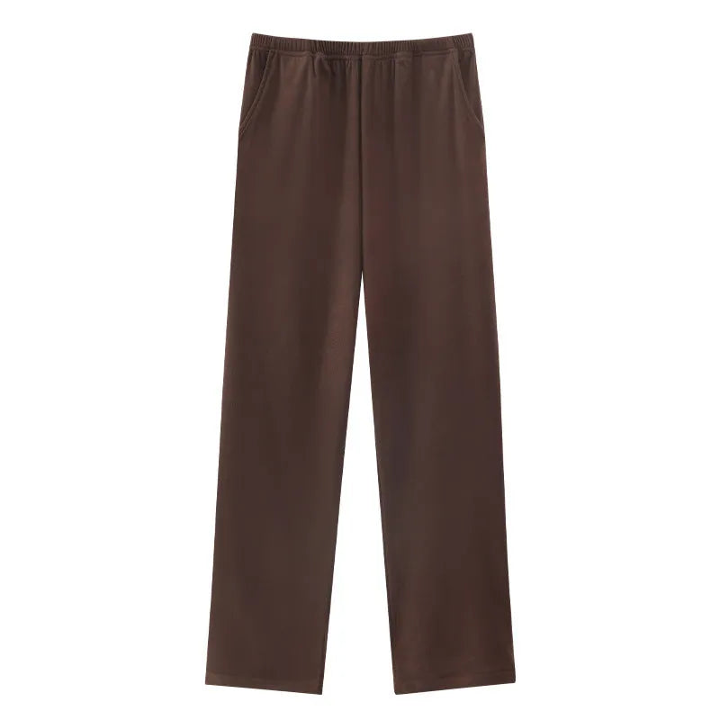 Men's loose fit thin velvet pyjama pants in polyester, autumn winter home trousers with pockets, available in nine colours.