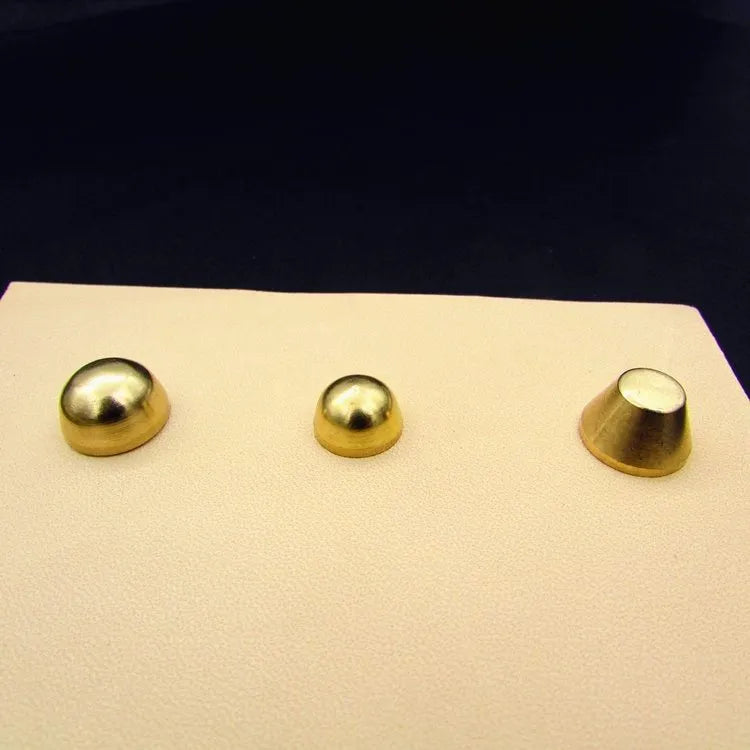 Brass decorative buckle showing round and bucket foot nail styles in 10x6mm and 12x7mm sizes