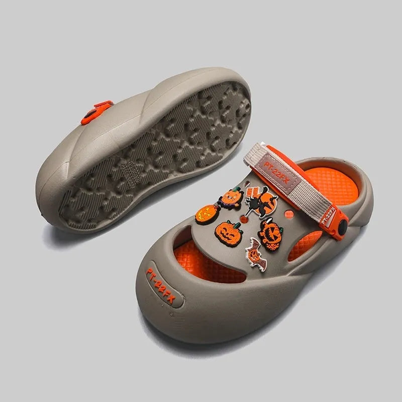 Men's grey baotou beach shoes with a soft EVA sole, shown on a sandy background.