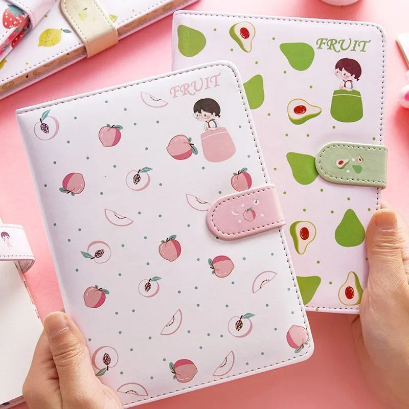 Fruit print notebook planner with magnetic buckle, PU cover, A6 size, eight colour variants including lemon and strawberry
