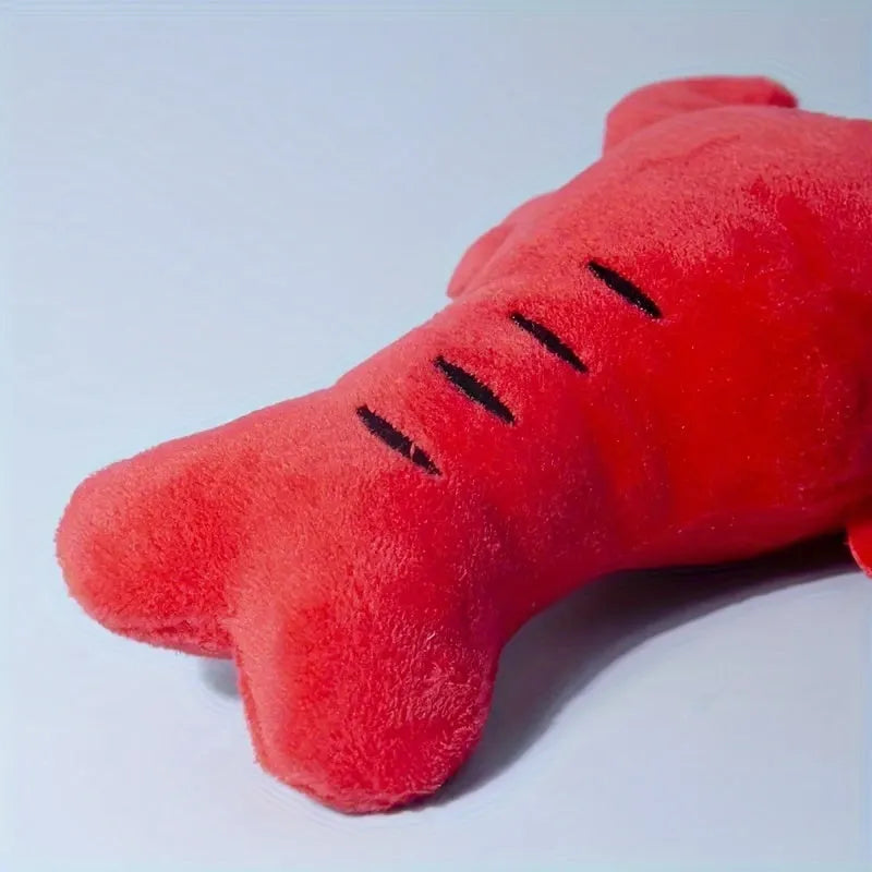 Red lobster squeaky stuffed dog toy for small and medium breeds.