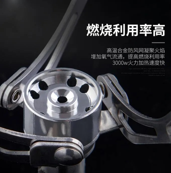 Portable folding mini camping stove in unfolded position showing 3000W burner and anti-skid bracket