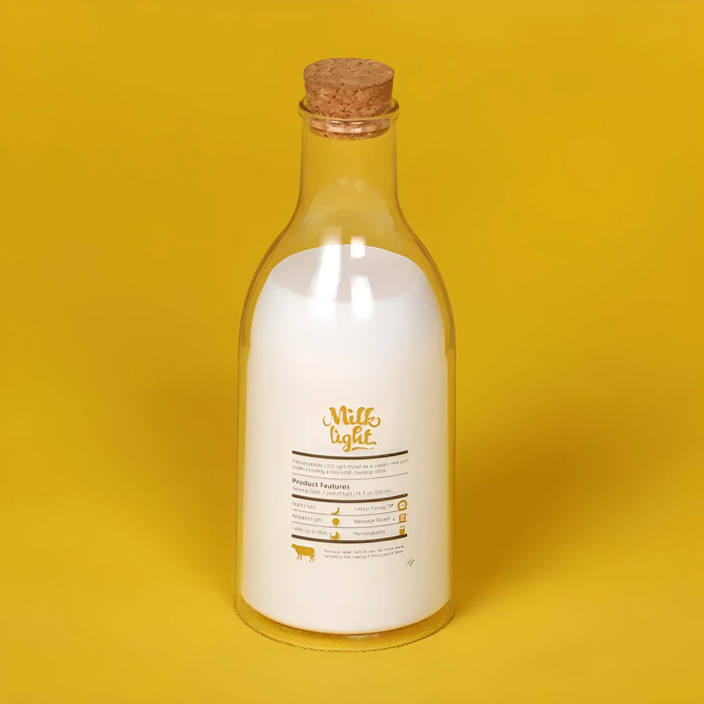 White milk bottle shaped LED nightlight on a wooden surface, USB rechargeable, with a 30-minute timer and DIY message panel