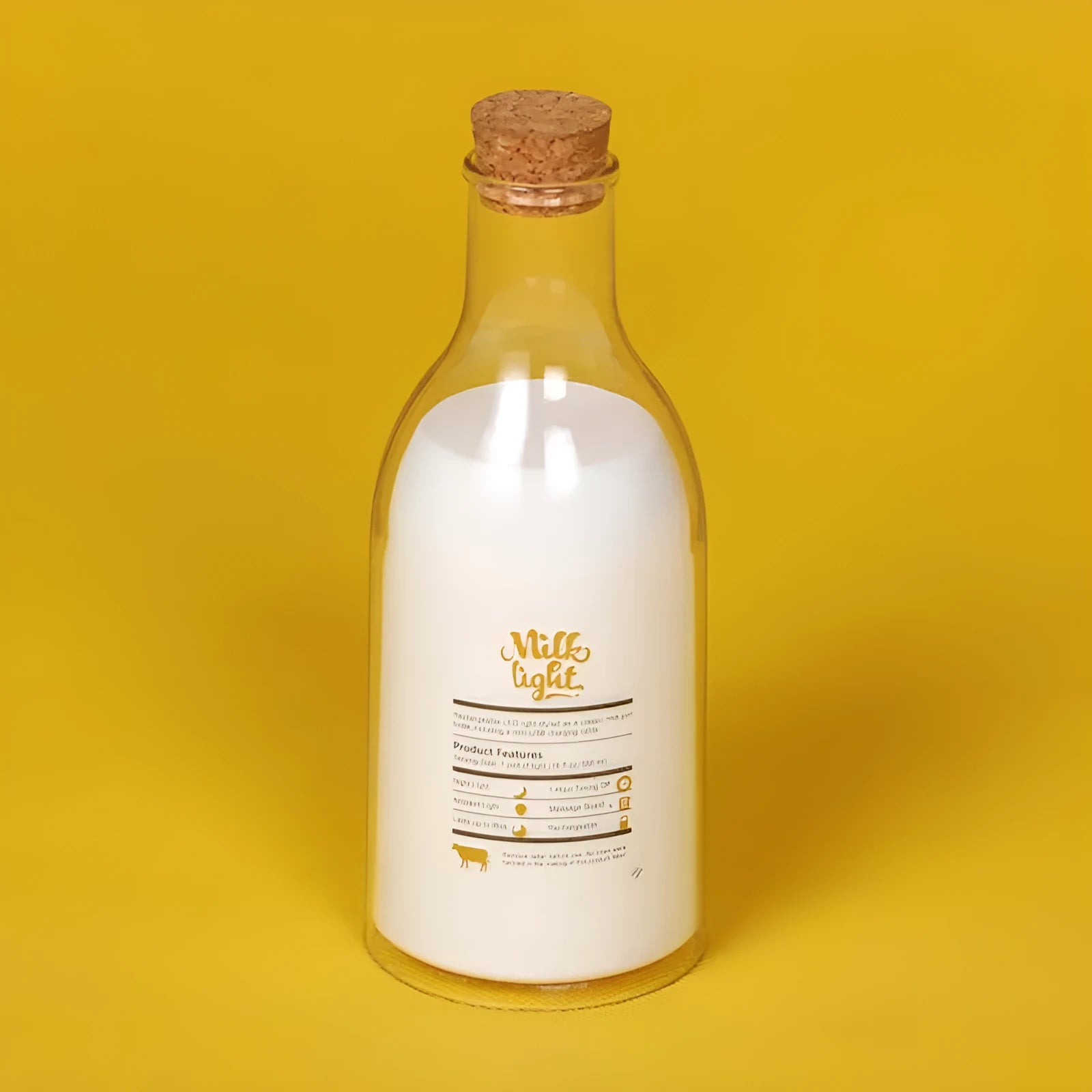 White milk bottle shaped LED nightlight on a wooden surface, USB rechargeable, with a 30-minute timer and DIY message panel