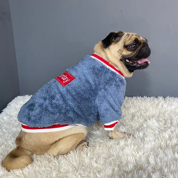 Blue cotton dog sweater for small to large breeds, S to XXL sizes, bust 45 to 65 cm