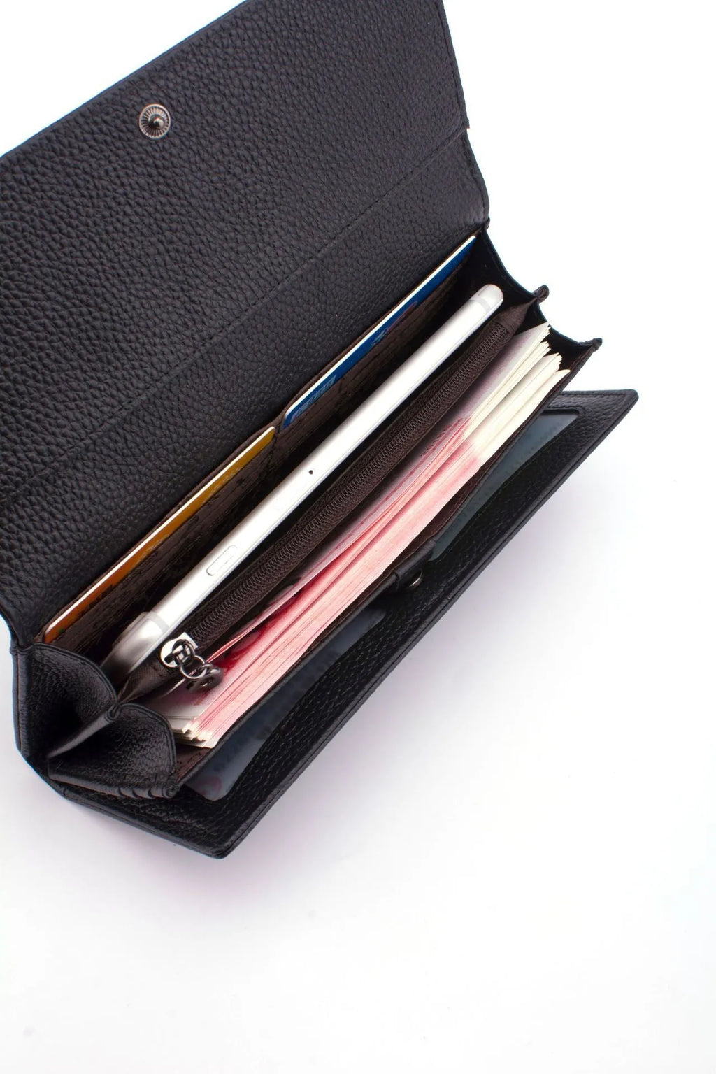 Women's first layer cowhide long wallet with buckle closure, 15 card slots, stone pattern texture, black colour