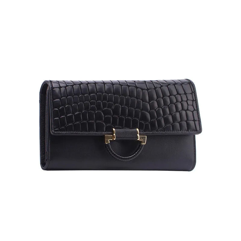 Women's first layer cowhide long wallet with buckle closure, 15 card slots, stone pattern texture, black colour