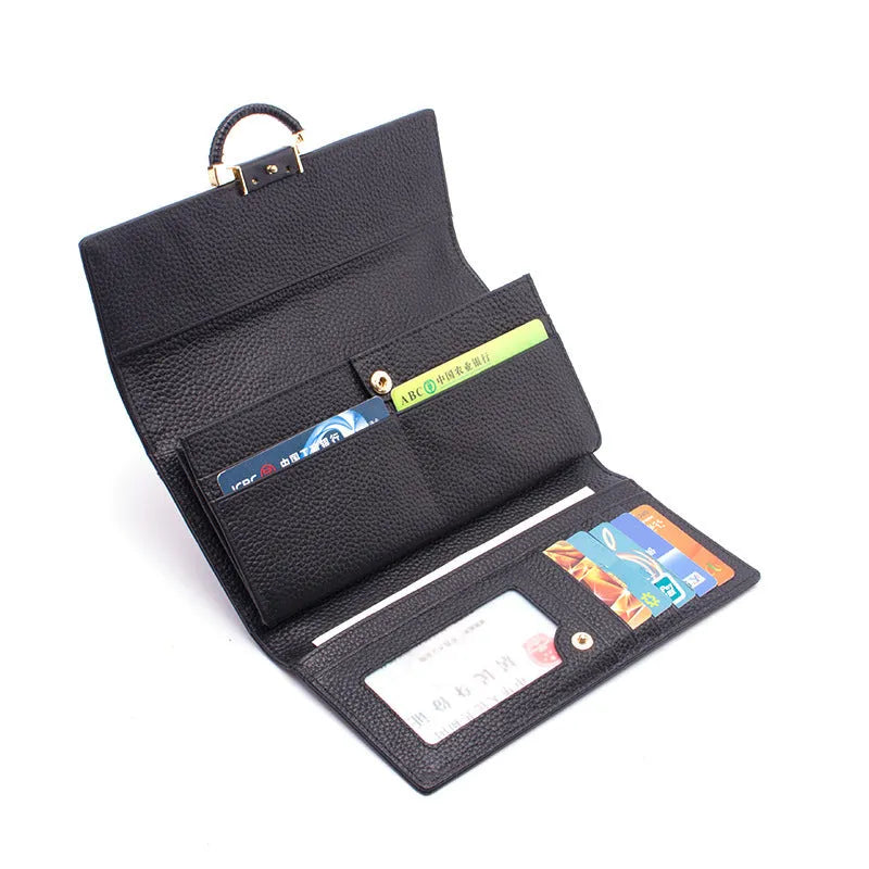 Women's first layer cowhide long wallet with buckle closure, 15 card slots, stone pattern texture, black colour