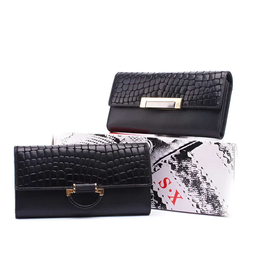Women's first layer cowhide long wallet with buckle closure, 15 card slots, stone pattern texture, black colour