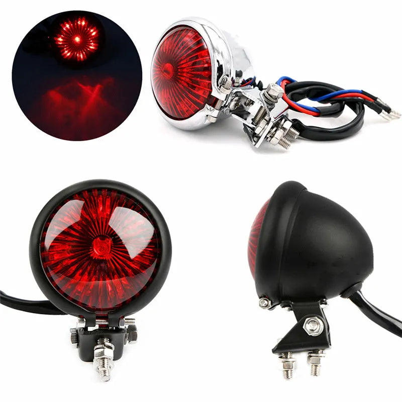Retro round LED motorcycle brake light with aluminium housing in black finish