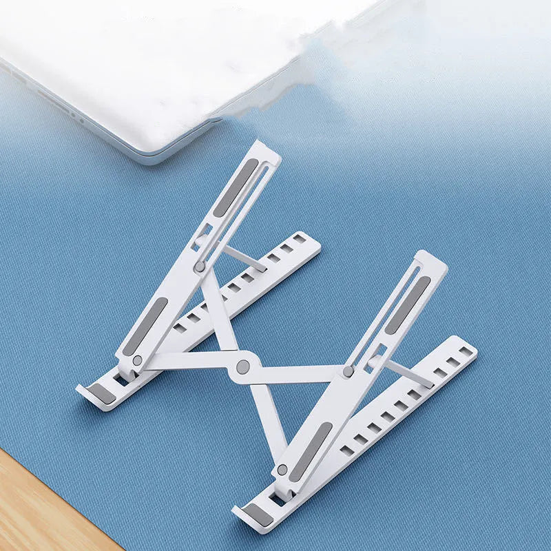 Black adjustable laptop cooling stand showing 10-position folding bracket mechanism