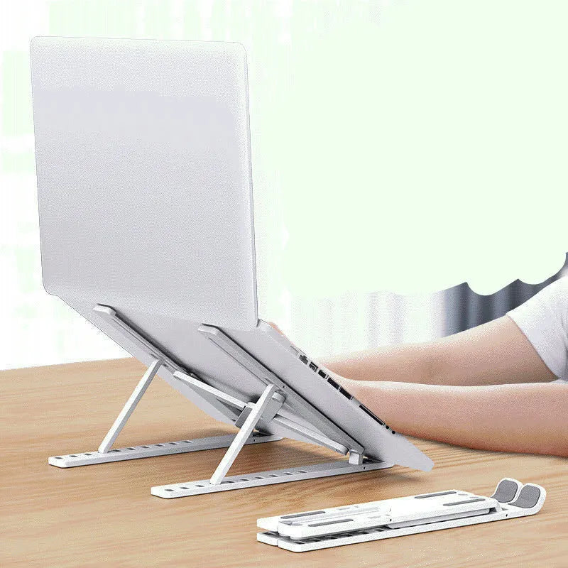 Black adjustable laptop cooling stand showing 10-position folding bracket mechanism