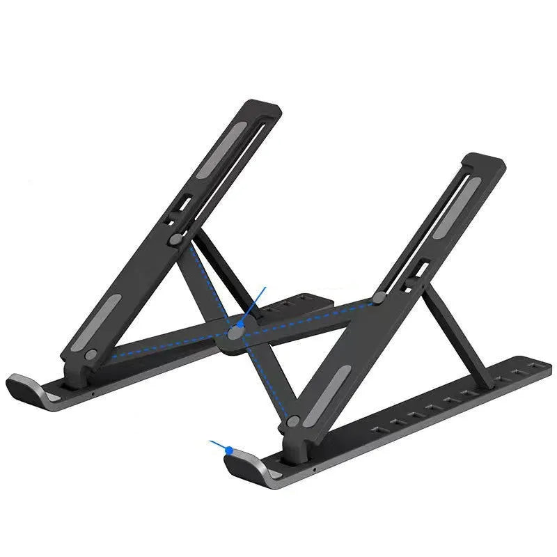 Black adjustable laptop cooling stand showing 10-position folding bracket mechanism