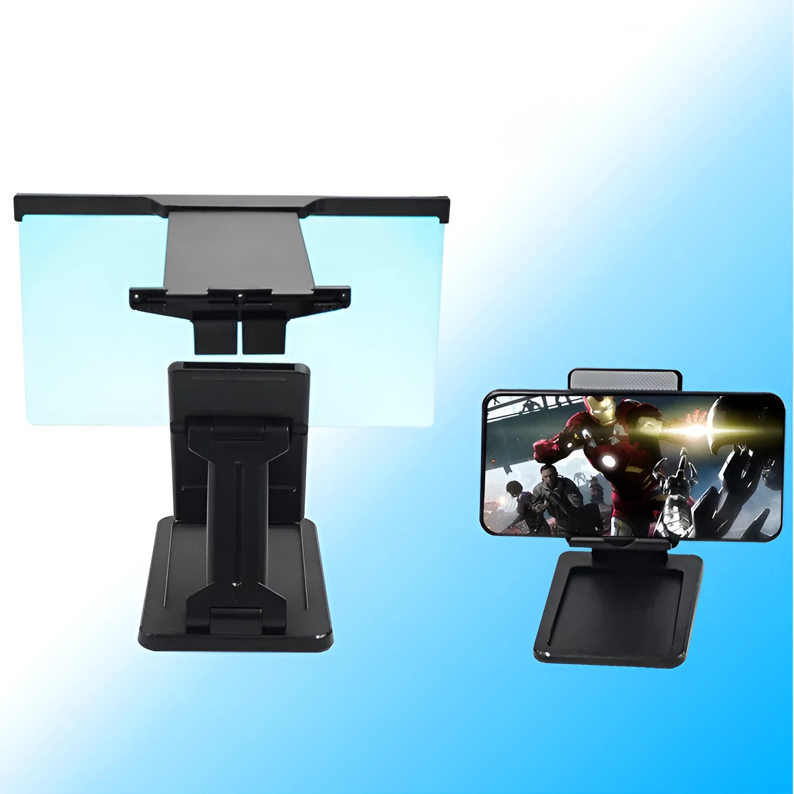 Black L20 split mobile phone screen magnifier with acrylic lens and separate ABS support bracket on a table.