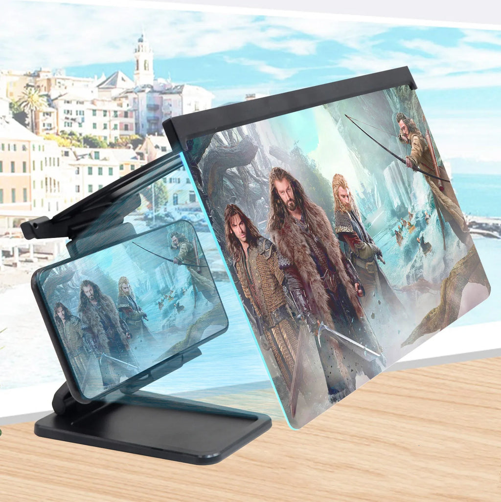 Black L20 split mobile phone screen magnifier with acrylic lens and separate ABS support bracket on a table.