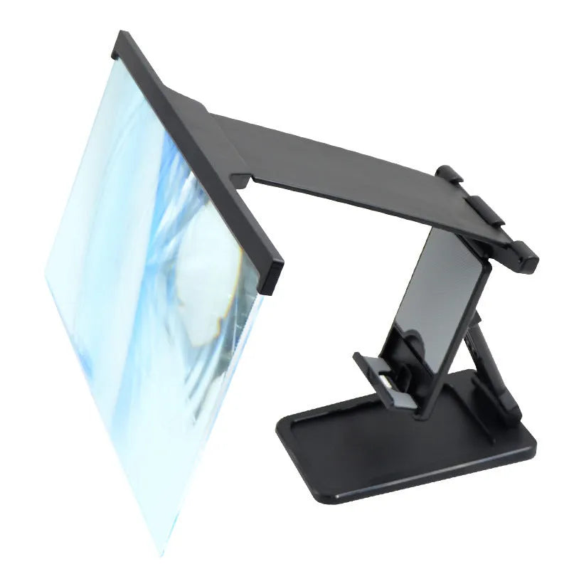 Black L20 split mobile phone screen magnifier with acrylic lens and separate ABS support bracket on a table.