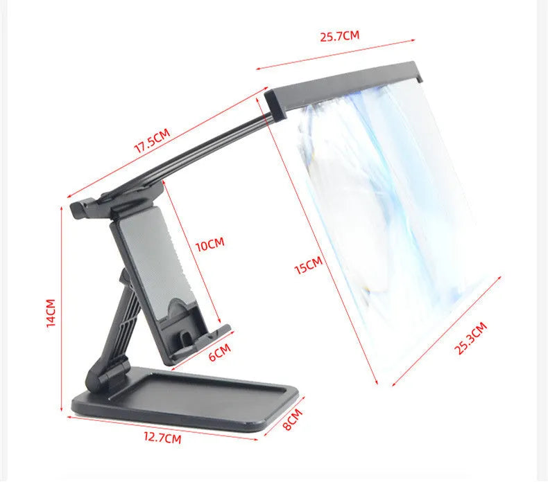 Black L20 split mobile phone screen magnifier with acrylic lens and separate ABS support bracket on a table.