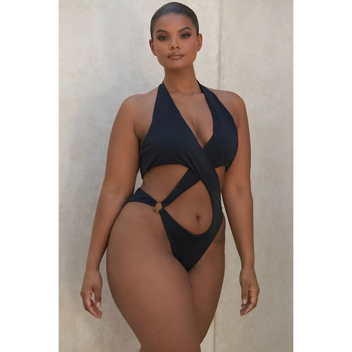 V-neck top with three-quarter length ruffle sleeves in black, front view