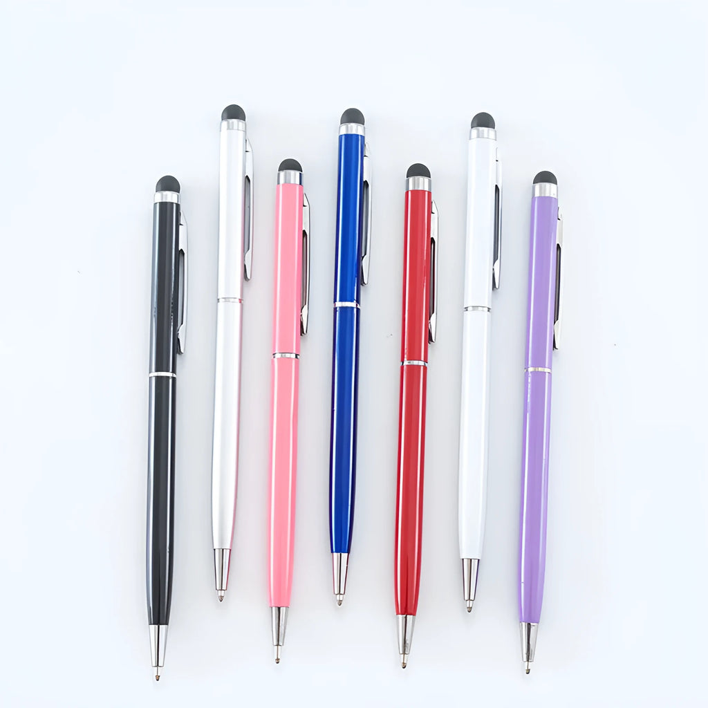Rotating metal capacitive touchscreen pen with a 0.5mm tip shown in multiple colour options.