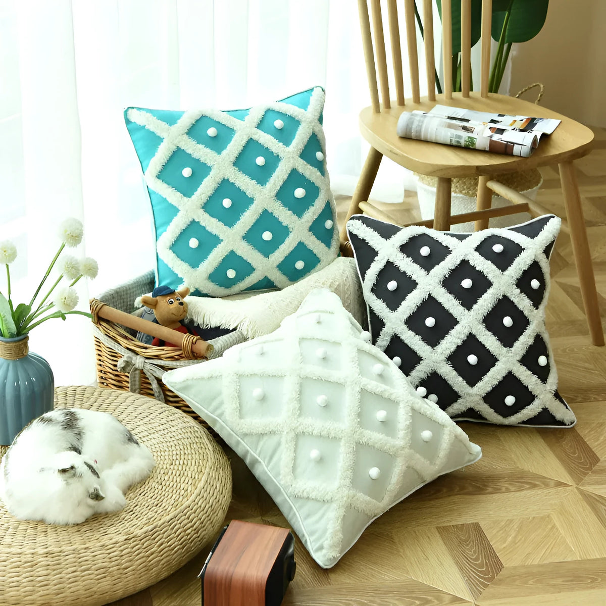 Creative Home ball pillow tufted Moroccan cushion cover in cotton hemp blend 45x45cm black white blue