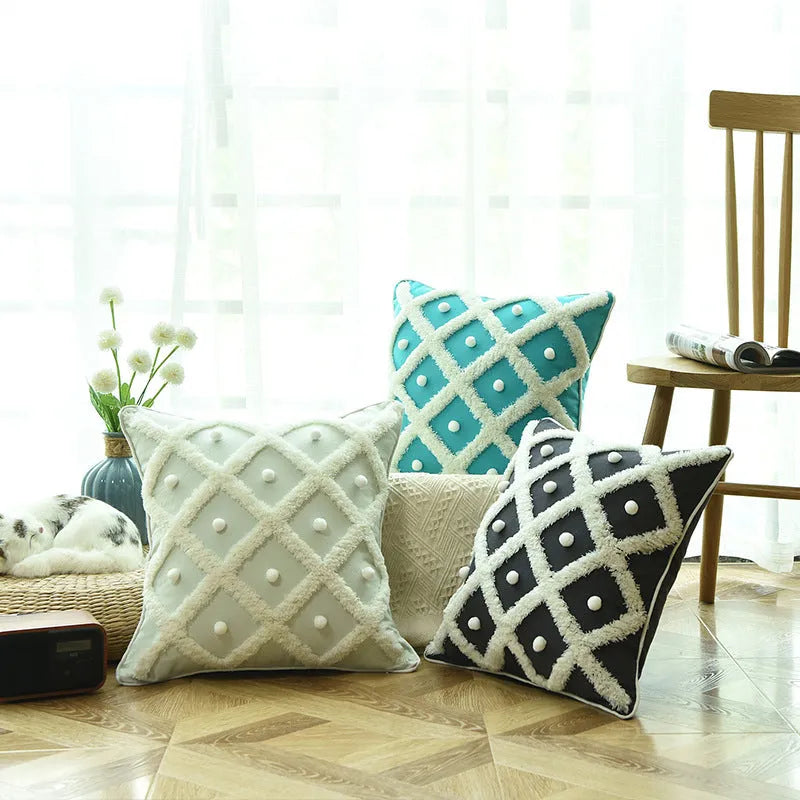 Creative Home ball pillow tufted Moroccan cushion cover in cotton hemp blend 45x45cm black white blue